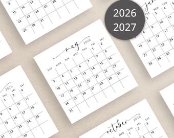 Mini Agenda 2026-2027 7,6 x 7,6 cm (3 x 3 polegadas) Mini Calendário Mensal 2026-2027 para Diário de Arte (PDF Imprimível) Calendário Elegante para Artesanato Tamanho A4/Carta (EUA)