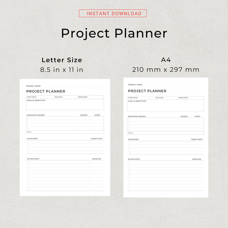 Project Planner Printable Productivity Planner Personal Project Planning Work Planning A4 US Letter Size Project Management Project Tracker