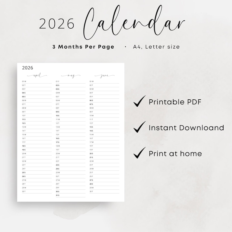 2026 Yearly Planner 2026 Year at a Glance Calendar 3 Months Per Page 2026 Yearly Overview Calendar Portrait Elegant PRINTABLE PDF Download