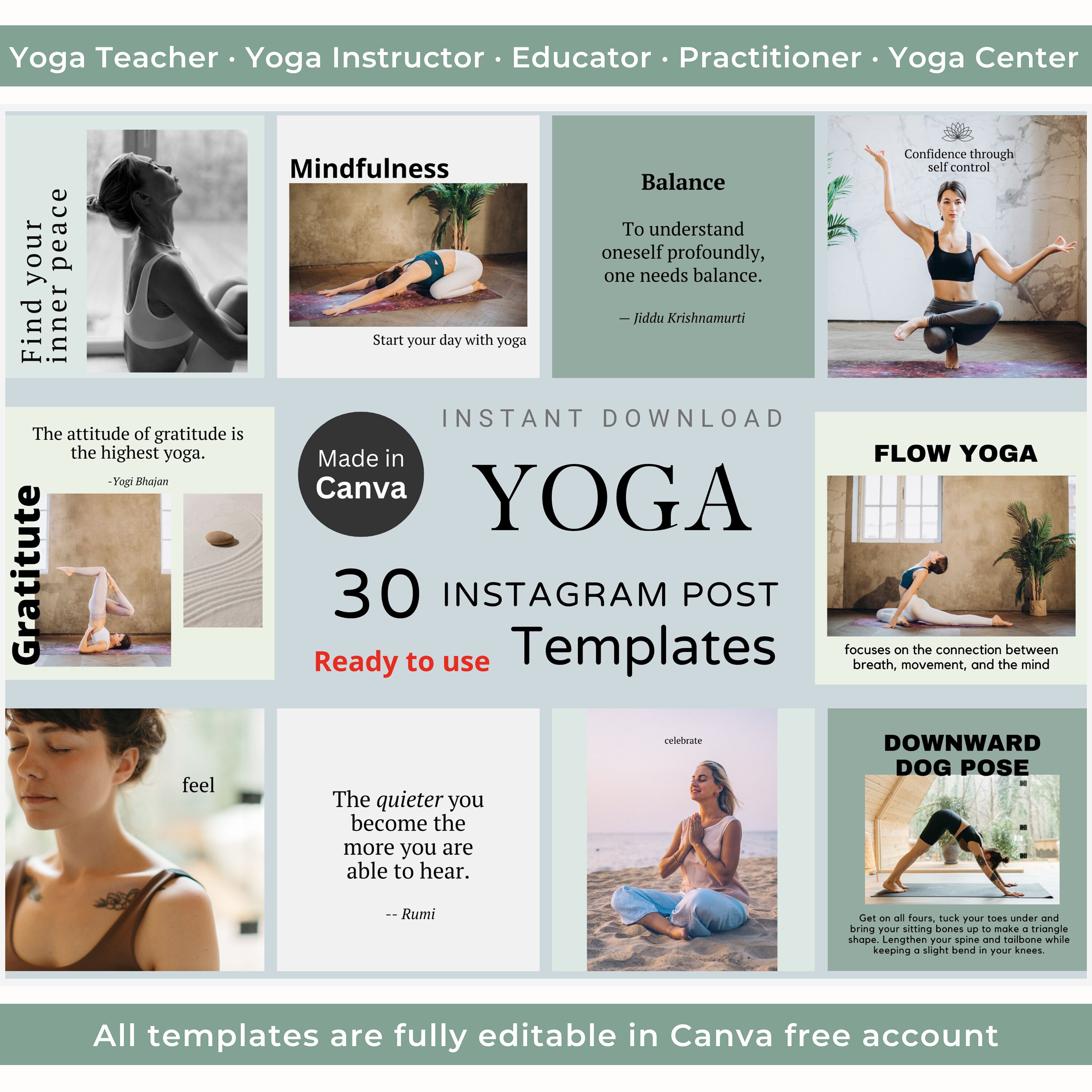 30 Yoga Instagram Post Canva Templates Yoga Teacher Yoga Center Social ...