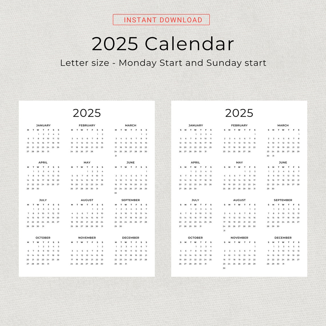2025 Calendar 2025 Yearly Calendar Printable 2025 Wall Calendar 2025