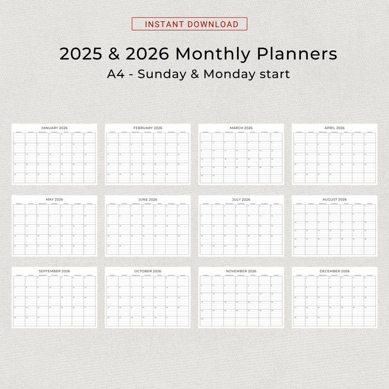 2025 & 2026 Calendar With Lines 2025-2026 Monthly Planner Printable PDF