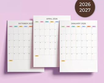 2026 2027 Monthly Planner 2026-2027 Monthly Calendar Portrait Color 2026 Wall Calendar Printable PDF A4 Letter Size Sunday & Monday Start