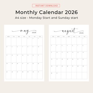2026 Calendar 2026 Monthly Planner Vertical 2026 Elegant Monthly Calendar Portrait A4 Letter Size Printable Calendar Sunday & Monday Start