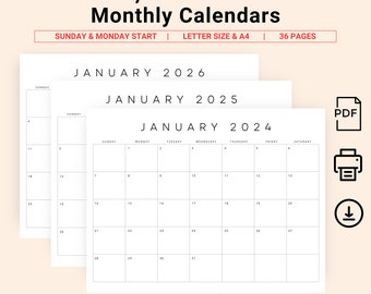 3 Years 2024 2025 2026 Calendar 2024 2025 2026 Monthly Planner Minimal Landscape Calendar Monthly Printable Planner A4 Letter PDF Download