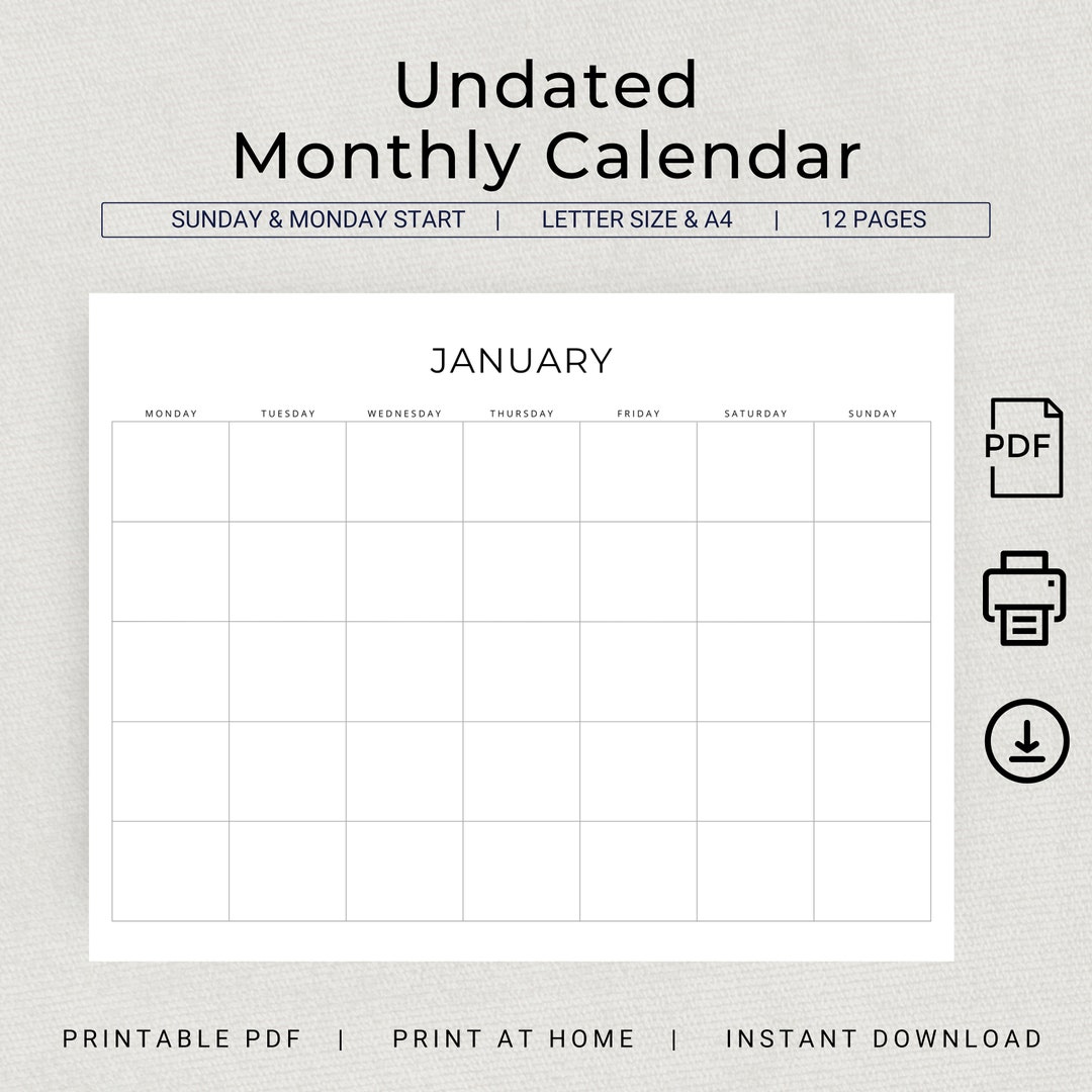 Undated Monthly Calendar Blank Calendar Undated Monthly Planner ...