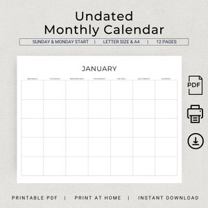 Calendario mensual sin fecha Calendario en blanco Planificador mensual sin fecha Calendario minimalista Plantilla de calendario imprimible tamaño carta A4 horizontal