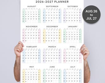 2026–2027 Academic Year Planner Large Portrait August 2026 to July 2027 Wall Calendar Poster Pastel Printable PDF 11x17 18x24 24x36 A1 A2 A3