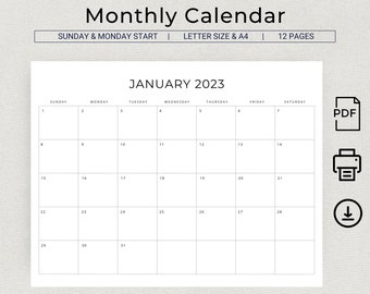 2023 Kalender 2023 Monatsplaner Querformat 2023 Kalender Minimal Schwarz Weiß Monatskalender Sonntag & Montag Start A4 und Letter-Format