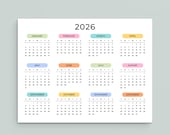 2026 Calendar Minimalist 2026 Wall Calendar Landscape 2026 Yearly Calendar PRINTABLE PDF A3 A4 US Letter Monday & Sunday Start Color Planner