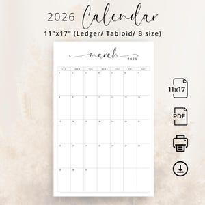 May include: Printable calendar for March 2026 in a black and white design. The calendar is 11 inches by 17 inches and is labeled "Ledger/Tabloid/B size".