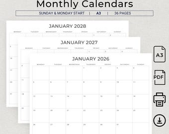 A3 2026-2028 Calendar 2026 2027 2028 Monthly Planner A3 Landscape Minimalist Wall Calendar PRINTABLE PDF 3 Years Log Sunday & Monday Start
