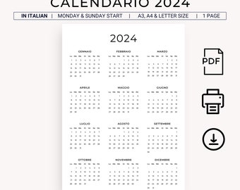 Calendario 2024 Calendario Annuale 2024 Calendario in Italiano 2024 STAMPABILE Calendario italiano 2024 Ritratto A3 A4 Lettera Calendario da parete PDF