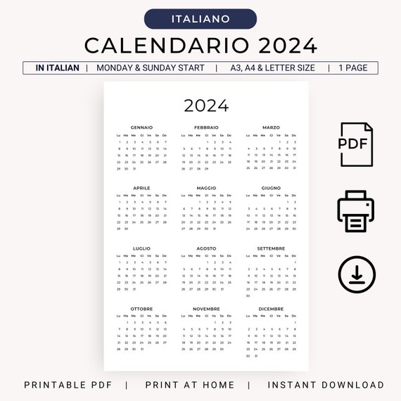 Calendario 2024 Calendario Annuale 2024 Calendario in Italiano 2024  PRINTABLE Italian Calendar 2024 Portrait A3 A4 Letter Wall Calendar PDF 