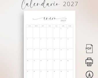Calendario 2027 Calendario Mensual en Español 2027 Planificador 2027 España Wall Calendar Spanish 2027 Planner PRINTABLE PDF A4 US Letter