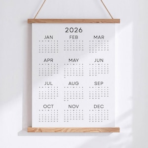 2026 Wall Calendar 2026 Yearly Calendar Printable PDF Minimalist Calendar 2026 Year at a Glance A3 A4 Letter Size Monday & Sunday Start