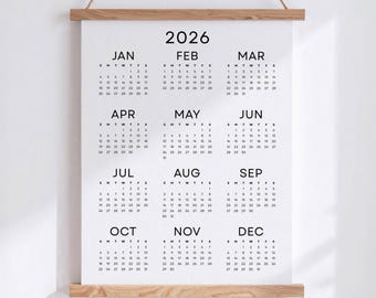 2026 Wall Calendar 2026 Yearly Calendar Printable PDF Minimalist Calendar 2026 Year at a Glance A3 A4 Letter Size Monday & Sunday Start