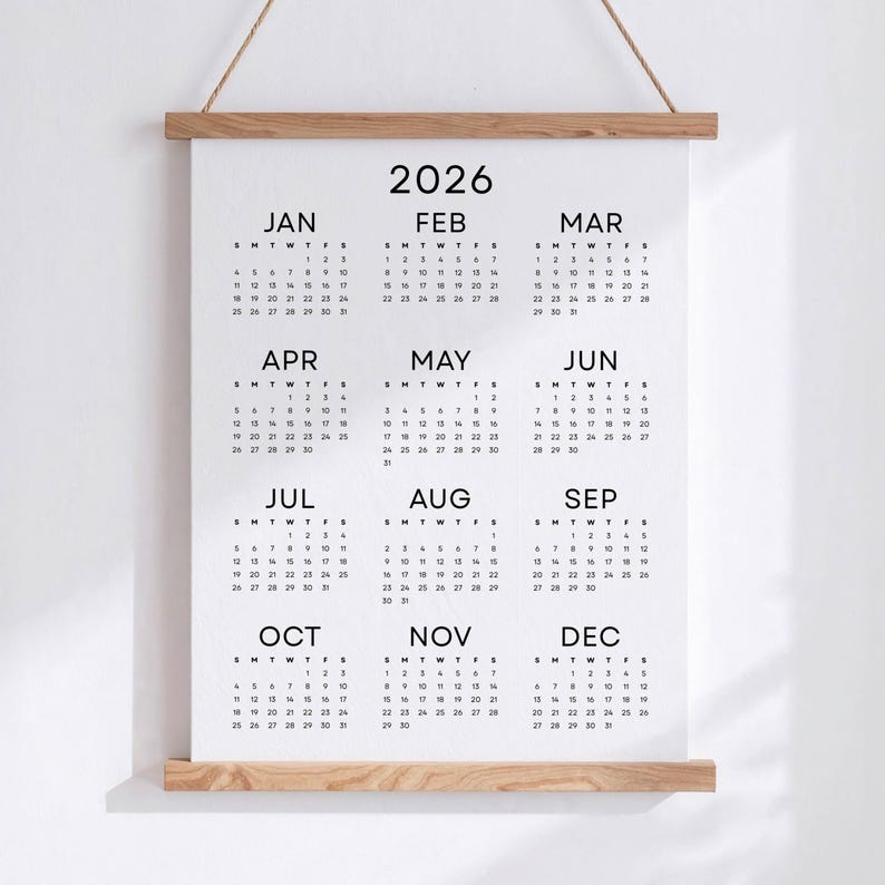 2026 Wall Calendar 2026 Yearly Calendar Printable PDF Minimalist Calendar 2026 Year at a Glance A3 A4 Letter Size Monday & Sunday Start