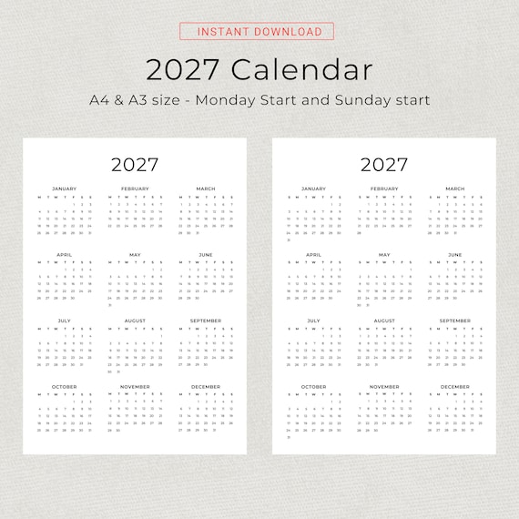 2027 Calendar 2027 Yearly Calendar Printable 2027 Wall Calendar 2027 Year  at a Glance Minimalist Calendar A3 A4 Letter Monday & Sunday Start - Etsy
