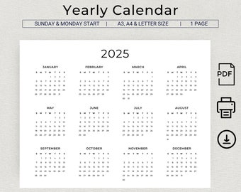 2025 Yearly Calendar 2025 Wall Calendar Printable Calendar Landscape 2025 Year Minimalist Calendar Year At A Glance PDF A3 A4 Letter Size