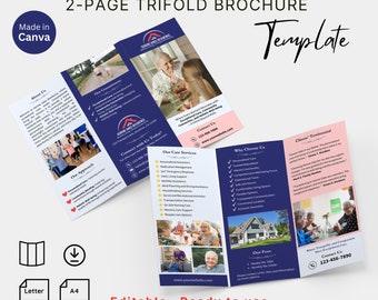 Bewerkbare driebladige brochure voor seniorencohousing Canva-sjabloon Folder voor gedeelde huisvesting voor ouderen Pensioengemeenschapspamflet Dagopvang voor volwassenen Promo