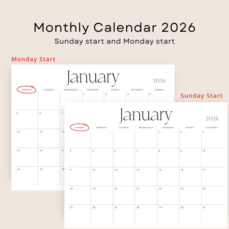 2026 Calendar 2026 Monthly Planner Landscape 2026 Wall Calendar PDF 2026 Desk Planner Minimalist Printable Stylish A4 Letter Size Agenda