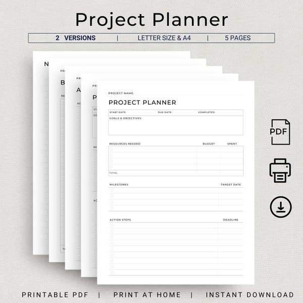 Project Planner Printable Productivity Planner Personal Project Planning Work Planning A4 US Letter Size Project Management Project Tracker