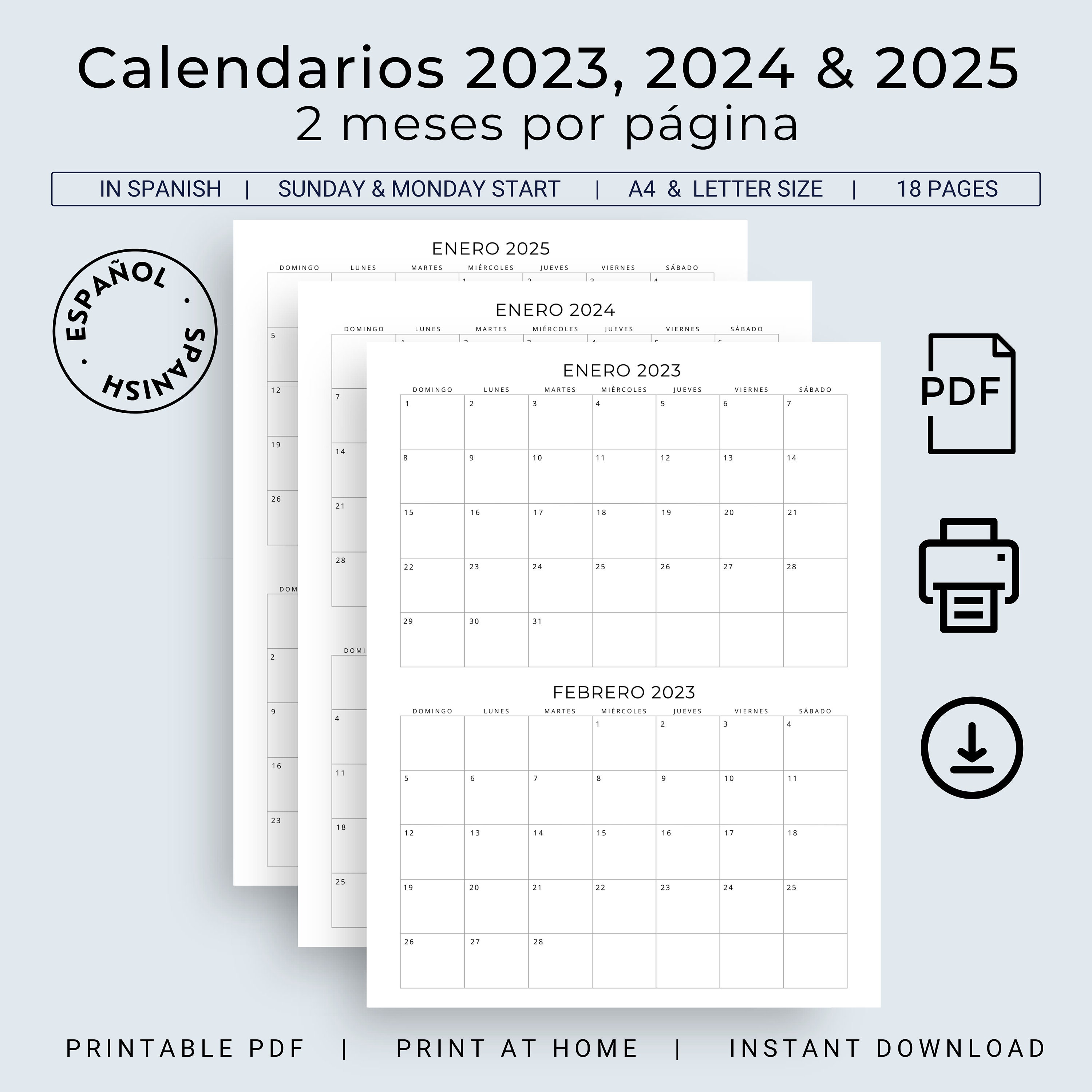 Calendario 2023 2024 2025 Spanish Calendar Printable 2 Months per Page 3 Years Planners