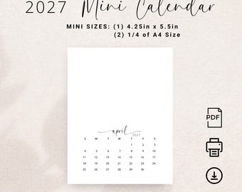 2027 Mini Calendar Printable 2027 Small Calendar Portrait DIY Calendar A6 Desk Calendar 2027 Mini Planner Insert Bullet Journal 2027 Elegant