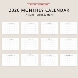 2026 Calendar 2026 Monthly Planner Landscape Elegant Monthly Calendar Sunday Start Monday Start 2026 Wall Calendar Monthly PRINTABLE PDF
