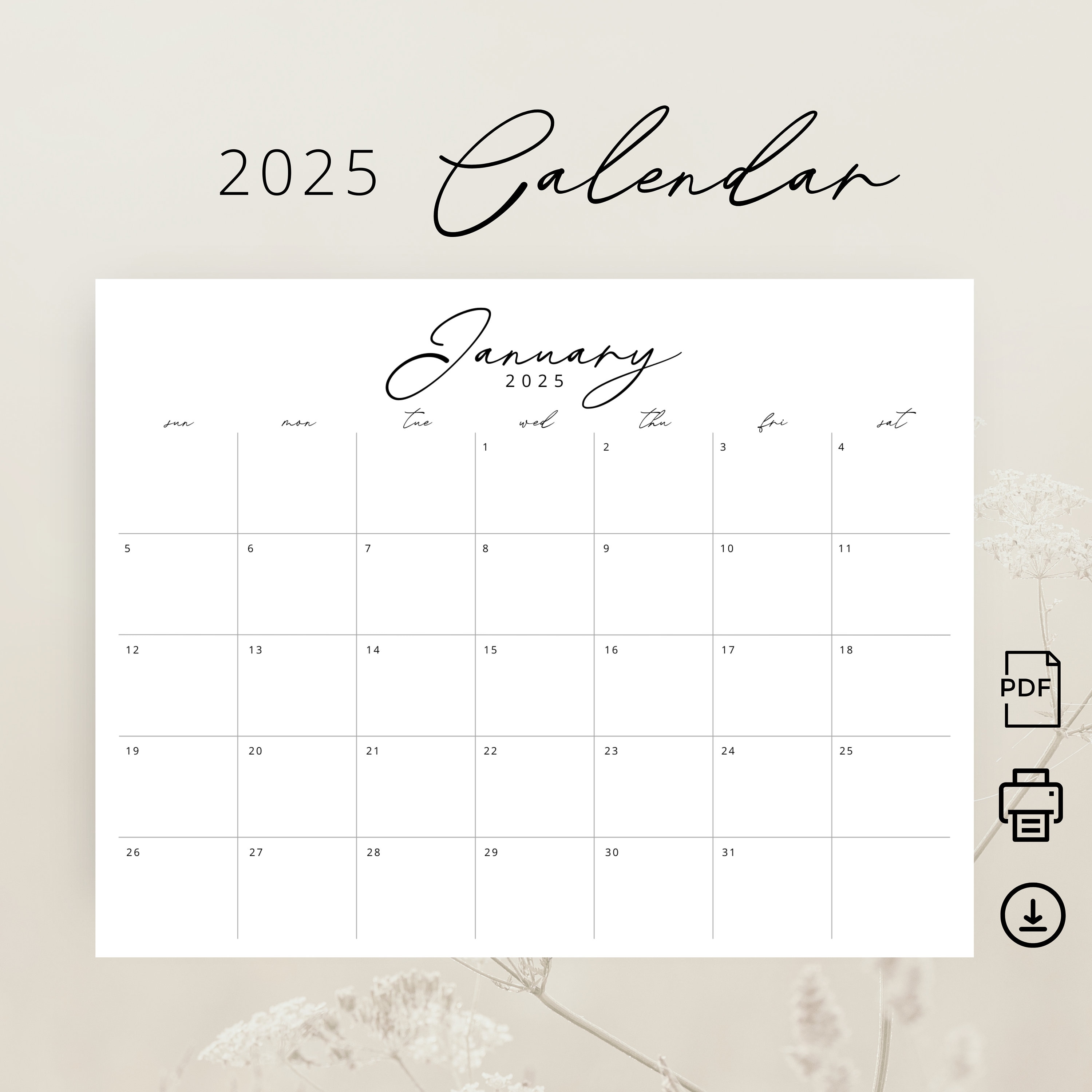 2025 Monthly Calendar 2025 Printable Calendar Landscape Planner 2025