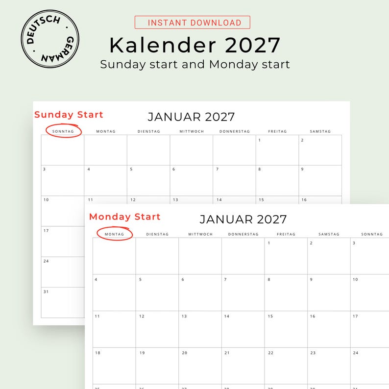 2027 Kalender 2027 Monatskalender 2027 Minimalist German Monthly Calendar PRINTABLE PDF 2027 Monthly Planner Germany A3 A4 Instant Download