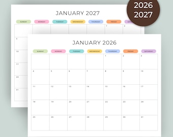 2026 2027 maandkalender AFDRUKBARE PDF 2026-2027 maandplanner landschap wandkalenders minimalistische kleur bureauplanner A4 Letter-formaat