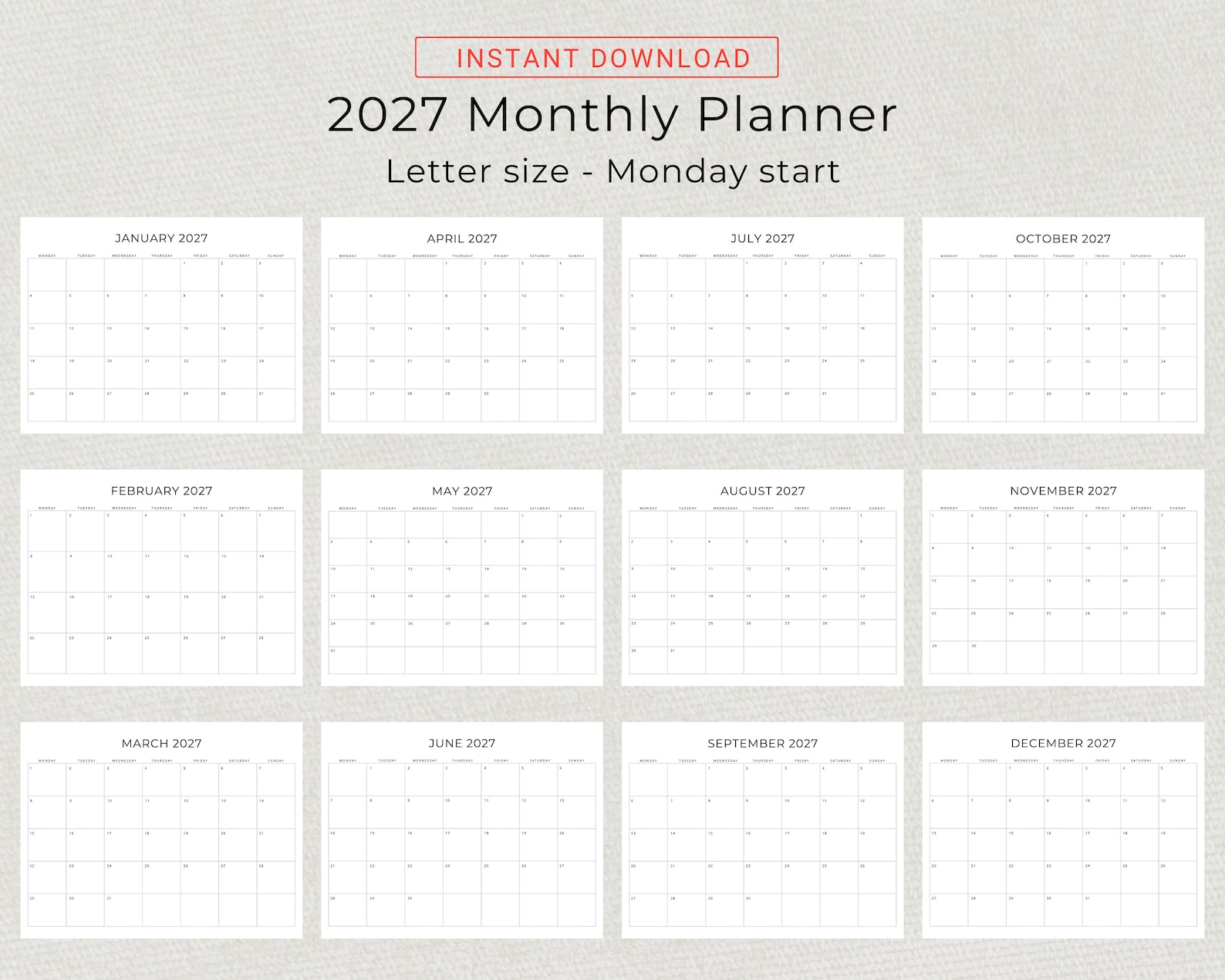 2027 Monthly Calendar 2027 Minimalist Monthly Planner Landscape Sunday