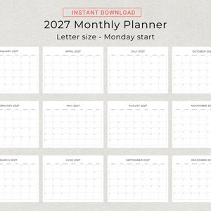 2027 Monthly Calendar 2027 Minimal Monthly Planner Landscape Sunday & Monday Start A4 and Letter Size 2027 Calendar Print At Home PDF