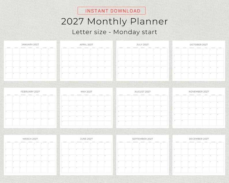 2027 Monthly Calendar 2027 Minimal Monthly Planner Landscape Sunday & Monday Start A4 and Letter Size 2027 Calendar Print At Home PDF