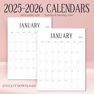 2025 2026 Monthly Calendar 2025-2026 Planner Printable PDF Portrait 2025 Wall Calendar PDF Desk Calendar 2025 Contemporary Instant Download