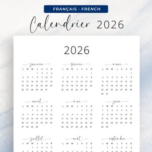 2026 Calendrier Français 2026 Calendrier Annuel 2026 en Français Calendário em francês Calendário anual 2026 Francês IMPRIMÍVEL PDF A3 A4 Carta