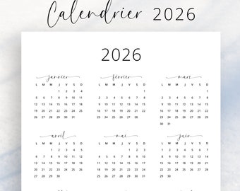 2026 Calendrier Français 2026 Calendrier Annuel 2026 en Français Calendar in French 2026 Yearly Calendar French PRINTABLE PDF A3 A4 Letter