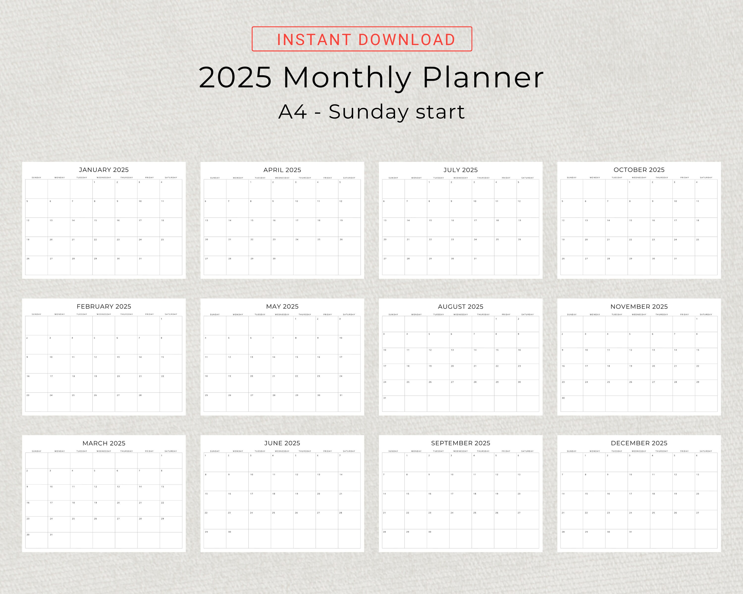 2025 Monthly Planner Landscape Sunday Start Monday Start 2025 Minimal ...