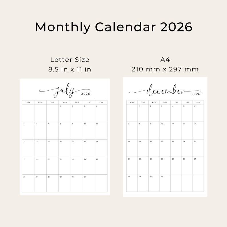 2026 Calendar 2026 Monthly Planner Vertical 2026 Elegant Monthly Calendar Portrait A4 Letter Size Printable Calendar Sunday & Monday Start