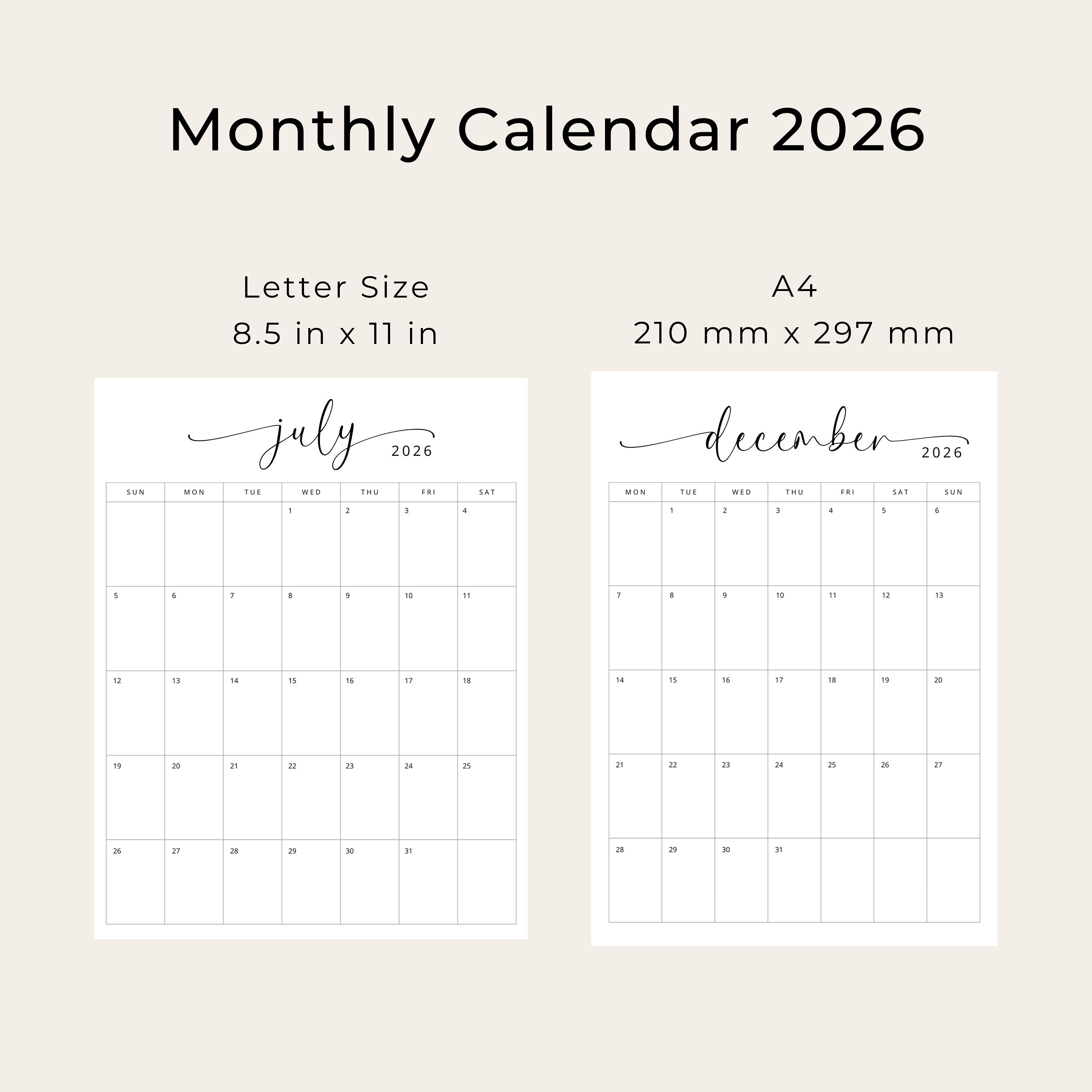 2026 Calendar 2026 Monthly Planner Vertical 2026 Elegant Monthly