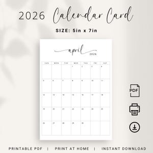 2026 Kalender 5 x 7 Zoll 2026 Kleine Kalender Karte DRUCKBARE Elegante Sofort Download 2026 Monatsplaner 5 x 7 Zoll Druck zu Hause Kalender 2026