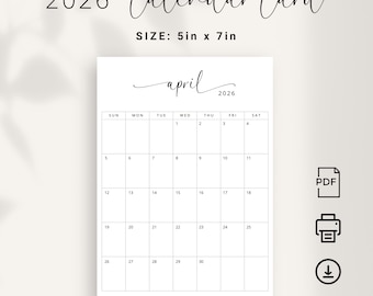 2026 Calendar 5x7 inch 2026 Small Calendar Card PRINTABLE Elegant Instant Download 2026 Monthly Planner 5x7 inch Print At Home Calendar 2026