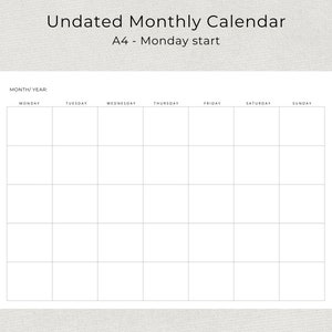 Blank Monthly Calendar Undated Monthly Planner Minimalist Blank Calendar Landscape Sunday Start Monday Start A4 Letter Size PRINTABLE PDF