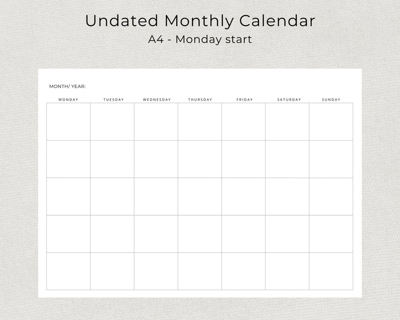 Blank Monthly Calendar Undated Monthly Planner Minimalist Blank Calendar Landscape Sunday Start Monday Start A4 Letter Size PRINTABLE PDF