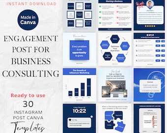 Pode incluir: Uma coleção de 30 modelos de postagem do Instagram Canva para consultoria de negócios. Os modelos apresentam um esquema de cores azul e branco com texto que inclui "Engagement Post for Business Consulting", "Ready to use", "30 Instagram Post Canva Templates", e "All templates are fully editable in Canva free account".