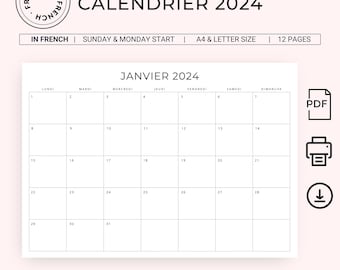 2024 Calendrier Français Calendario francese 2024 Calendario mensile 2024 in francese Pianificatore mensile STAMPABILE 2024 PDF Pianificatore minimo A4 Lettera