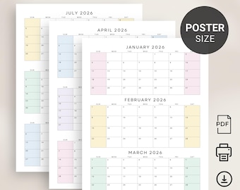 May include: A stack of 2026 quarterly calendars with pastel color-coded months. The calendars are labeled with the months of January, February, March, April, and July. A black circle with "POSTER SIZE" is on the right.