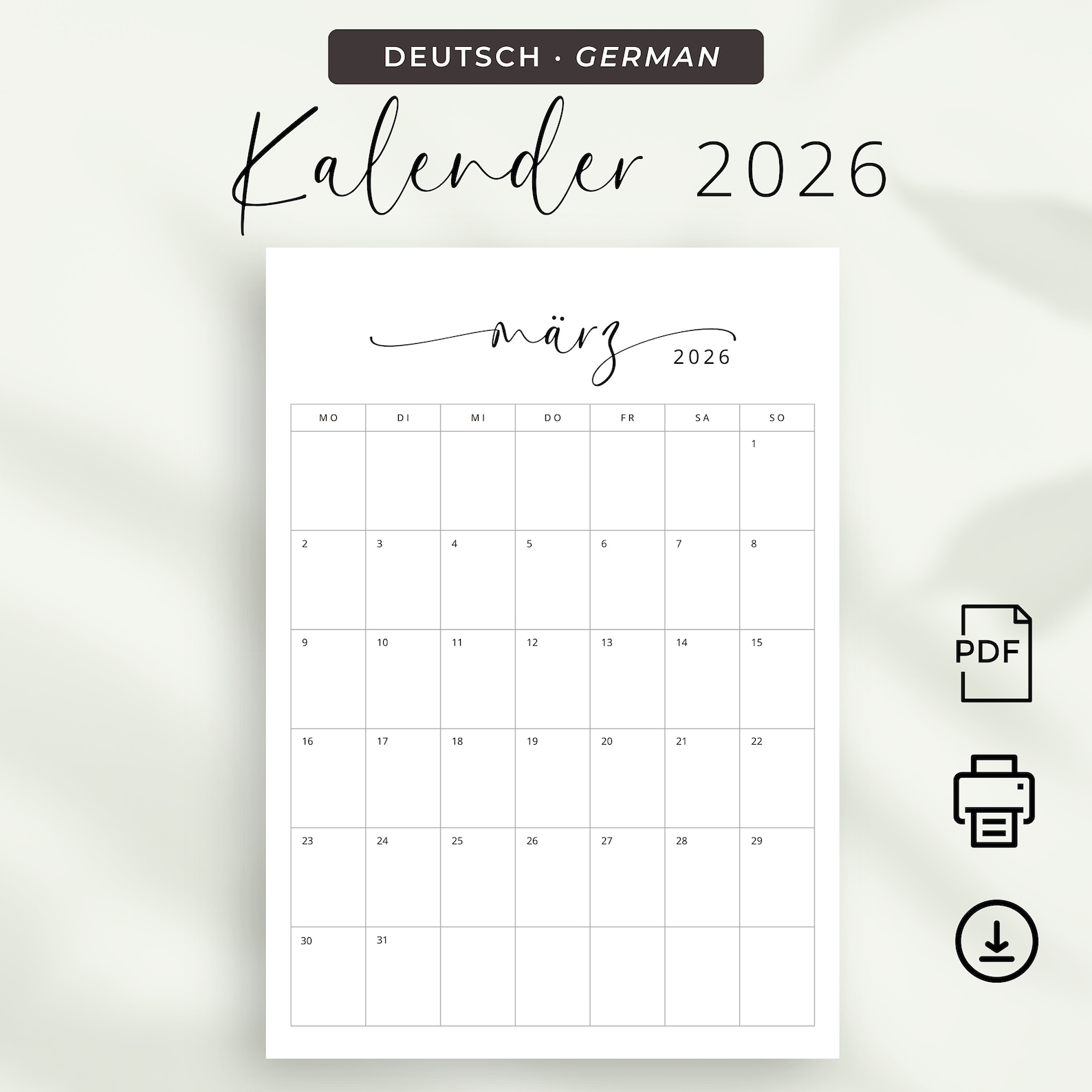 2026 Kalender 2026 Kalender Deutsch Monatsplaner 2026 Portrait German